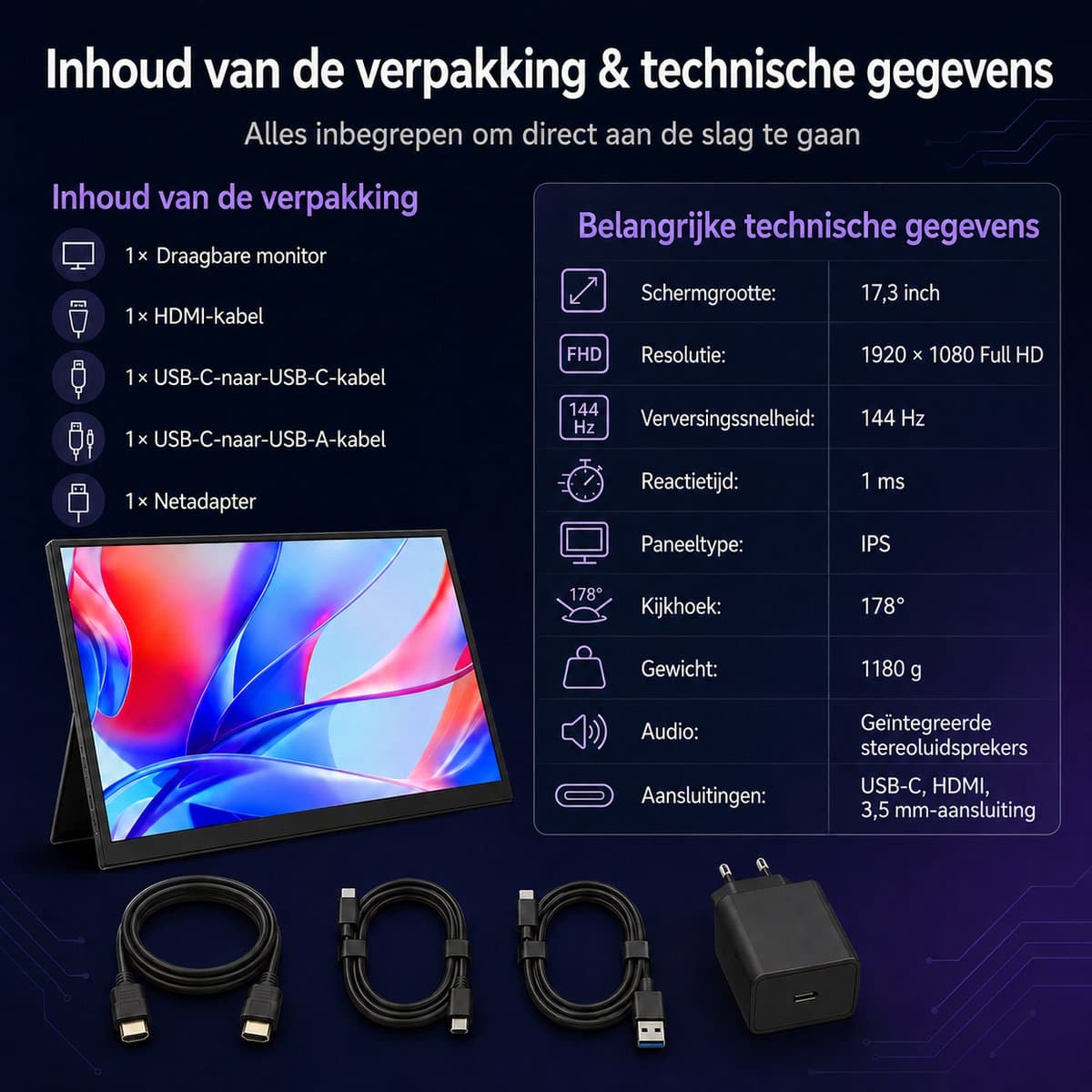 Gloovon® Portable Monitor 17.3 inch - 144Hz & 1ms IPS - Full HD 1080p met USB-C & HDMI Aansluiting - Ingebouwde Standaard thumbnail 3