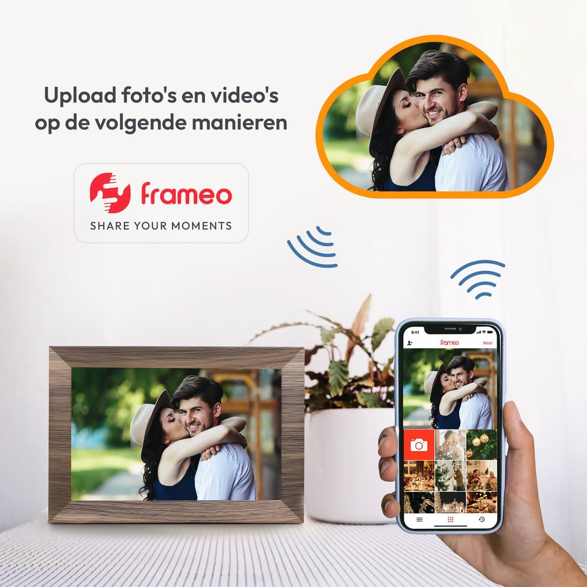 Digitale fotolijst met WiFi en Frameo App - 10.1 inch HD+ IPS Display - Fotokader met Touchscreen - 32GB - Walnoot kleur - Frameo digitale fotolijst - digitale fotokader - digitaal fotolijstje thumbnail 2