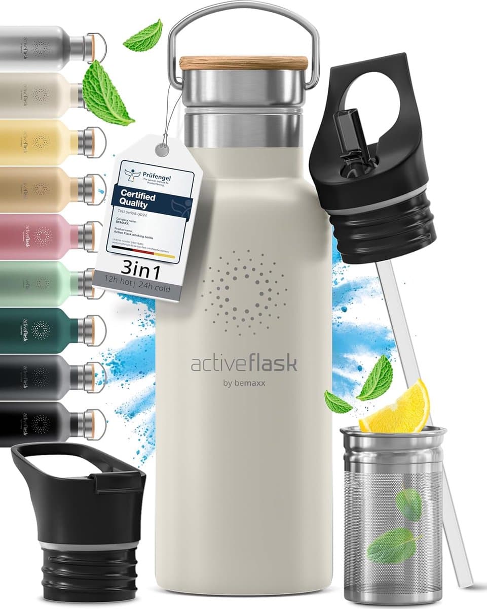 bemaxx Drinkfles met Rietje RVS Thermosfles ACTIVE FLASK (3 Drinkdoppen met Infuser), Volwassenen Kinderen, BPA-Vrij + Lekvrij | 1 Liter/500 ml Isoleerfles, Vacuüm Waterfles Sport Fitness Fietsen Water Fles Waterbidon Sportbidon - afbeelding 1
