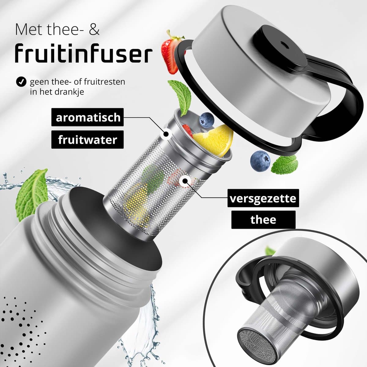 bemaxx Drinkfles met Rietje RVS Thermosfles ACTIVE FLASK (3 Drinkdoppen met Infuser), Volwassenen Kinderen, BPA-Vrij + Lekvrij | 1 Liter/500 ml Isoleerfles, Vacuüm Waterfles Sport Fitness Fietsen Water Fles Waterbidon Sportbidon thumbnail 5