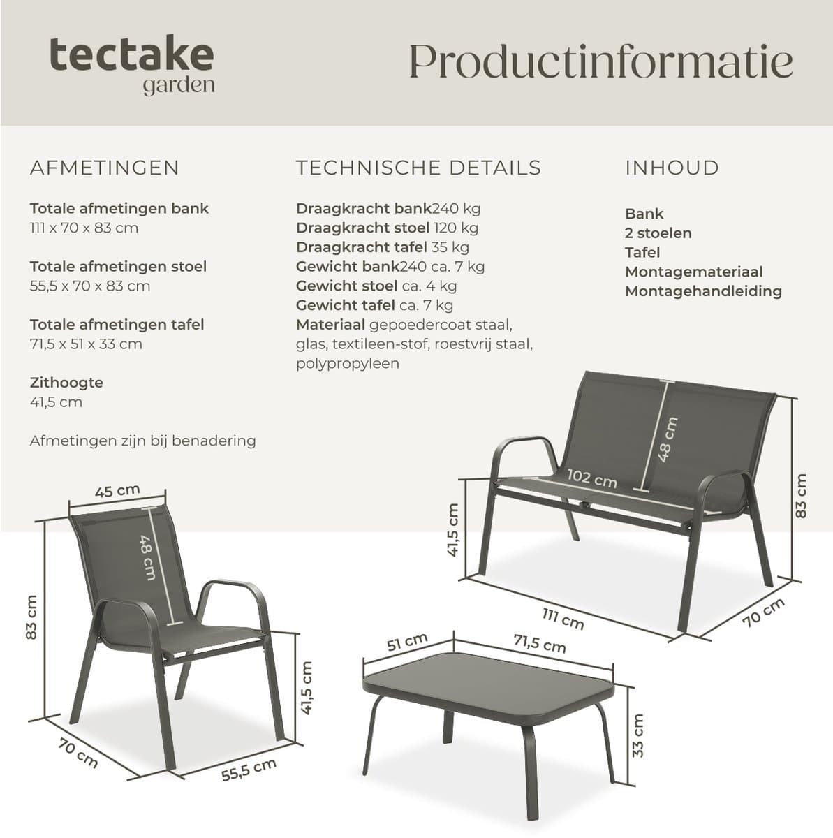 tectake® Tuinset Nora - Moderne Zitgroep voor 4 Personen - Loungeset met Tuinbank en 2 Tuinstoelen van Ademend, Waterafstotend Textileen-Weefsel - Balkonset Met Bijzettafel - Luxe Tuinmeubelset - Antraciet thumbnail 3