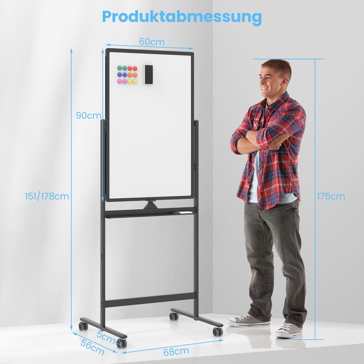 COSTWAY Dubbelzijdig mobiel whiteboard, 60 x 90 cm, in hoogte verstelbaar magnetisch whiteboard met wieltjes, standaard en pennenbakje, incl. accessoires voor school, kantoor, thuis (zwart) thumbnail 7