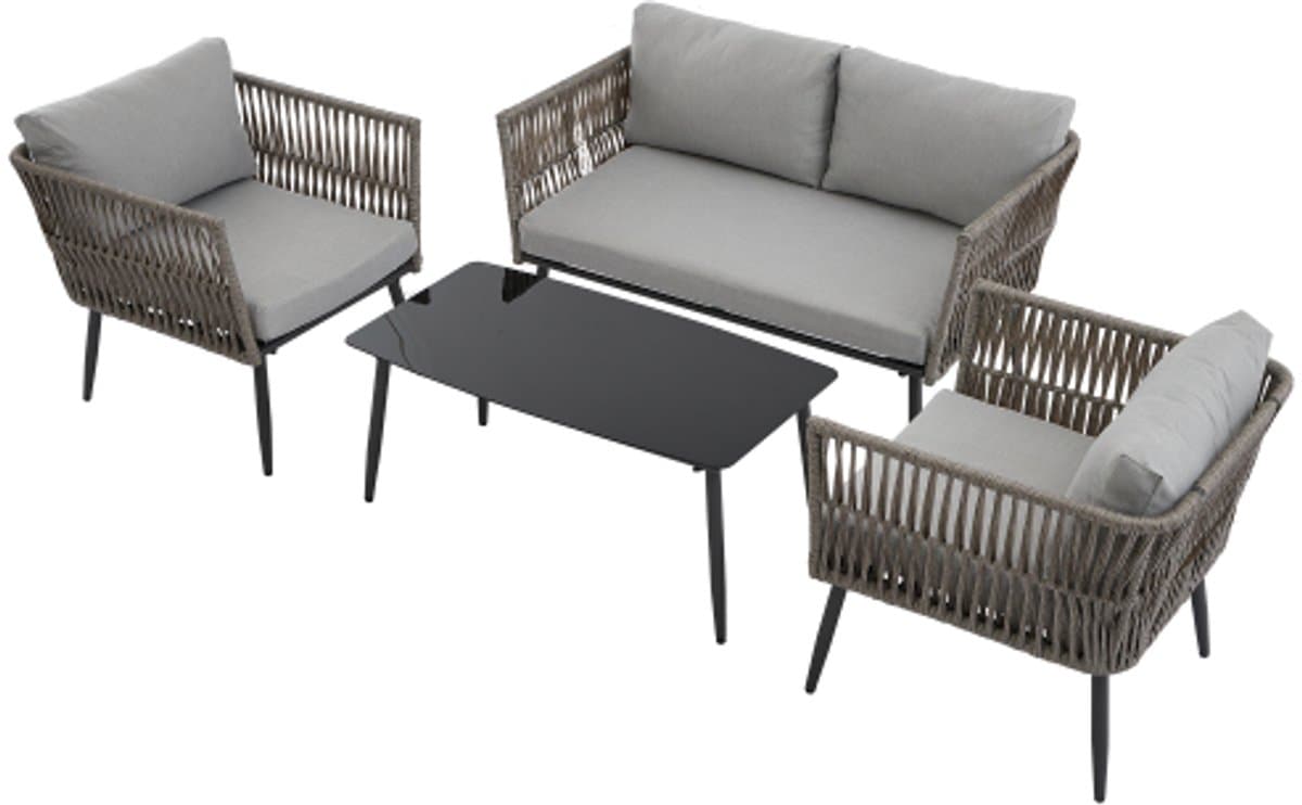 Tuin loungeset, tuinmeubelset met comfortabele kussens, 2-zitsbank, 2 fauteuils en salontafel, gevlochten PE-touw van imitatie watergras, zwart glazen tafelblad, gegalvaniseerd staal, grijs thumbnail 4