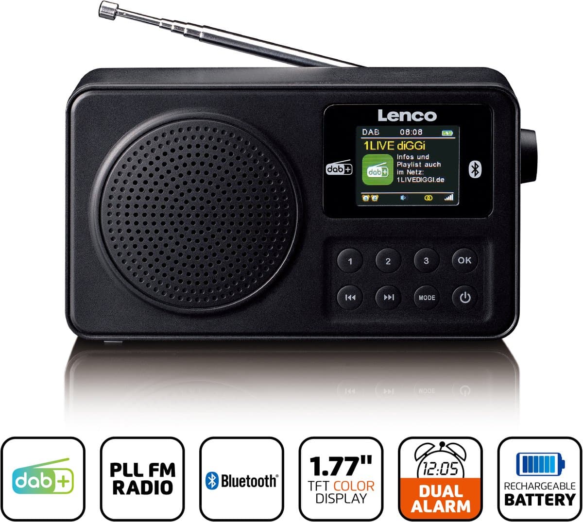 Lenco PDR-033BK - Draagbare DAB+ radio met Bluetooth - Oplaadbare Batterij - FM - Noodradio - 10 uur Accu - Zwart thumbnail 4