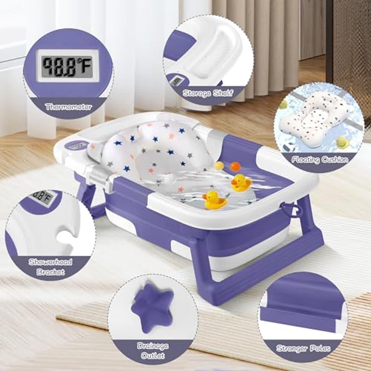 Opvouwbare babybadkuip voor pasgeborenen tot peuters met kussen en thermometer thumbnail 5