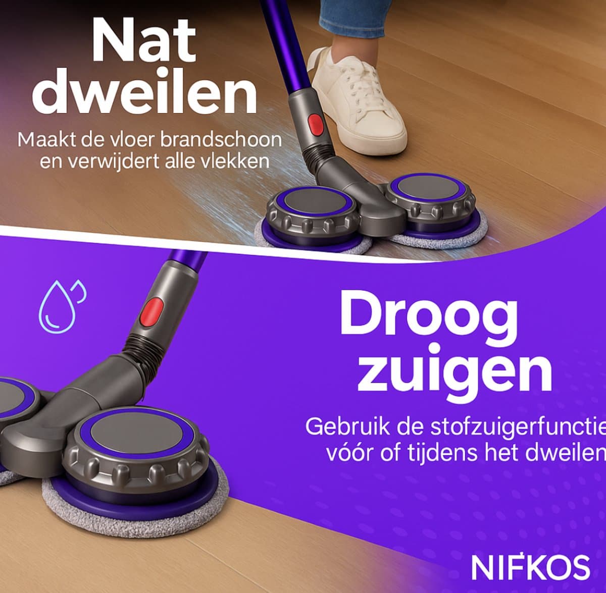 Nifkos Mop Dweil voor Dyson - V10 SLIM & V11 SLIM & V12 SLIM - Nat & Droog - Inclusief 4 Extra Dweilmops thumbnail 8