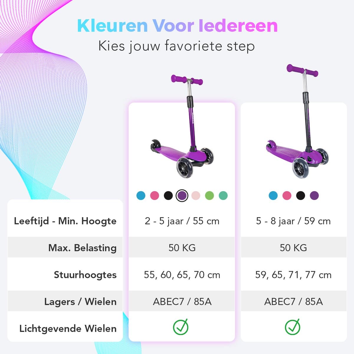 LifeGoods Kinderstep - Step 2-5 Jaar - 3 Lichtgevende LED Wielen - Hoogte Verstelbaar - Jongens/Meisjes - Paars thumbnail 6
