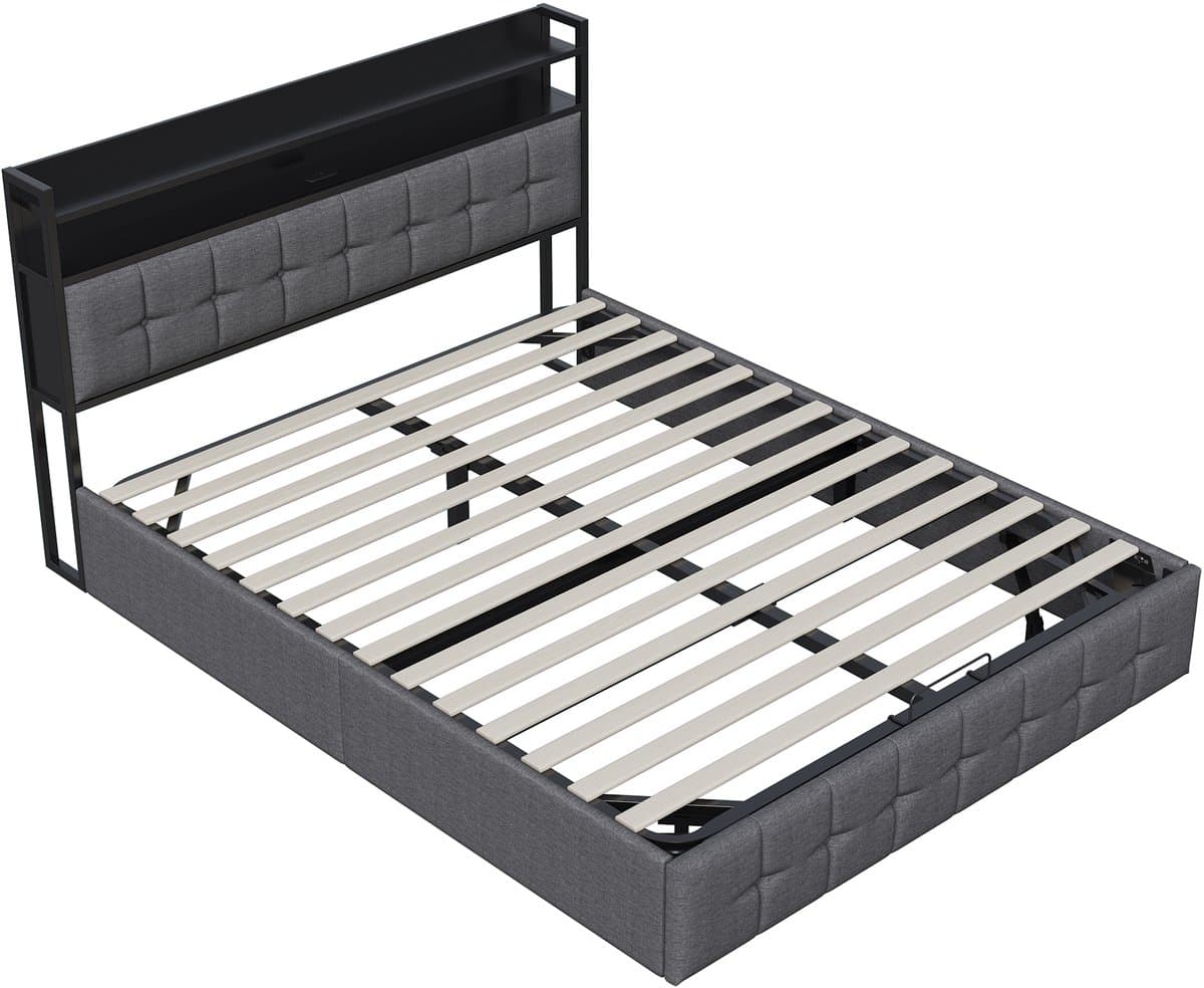 Tweepersoonsbed 160x200 cm – LED Hydraulisch Opbergbed met USB & Type-C, Hoofdbord met Verlichting, Grijs, Linnen thumbnail 5