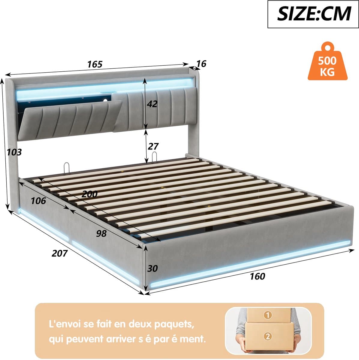 Grijs Fluwelen Bed 160x200 cm met LED USB en Opbergruimte Hydraulisch Tweepersoonsbed met Hoofdbord thumbnail 8