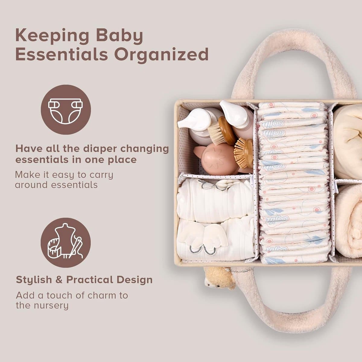 Luiertas - Luiermand - Luiermandje - Speelgoedmand - Luiermand voor Babykameraccessoires - Luier Organizer -Zwangerschapscadeaus -Met handvat- Opbergmand voor babyluiers en doekjes - Organizerr - Kraamcadeau -beige thumbnail 3