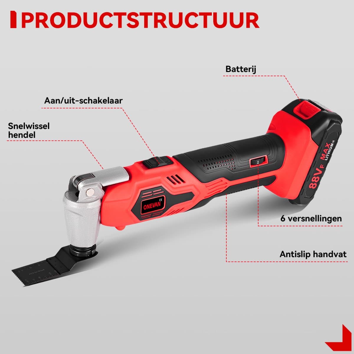 ONEVAN Accu Multitool - met 2x Accu's & 22x Accessoires - Oscillerend Gereedschapsset - 20.000 tpm - 6 variabele snelheden - voor verwijderen, schrapen en zagen thumbnail 8