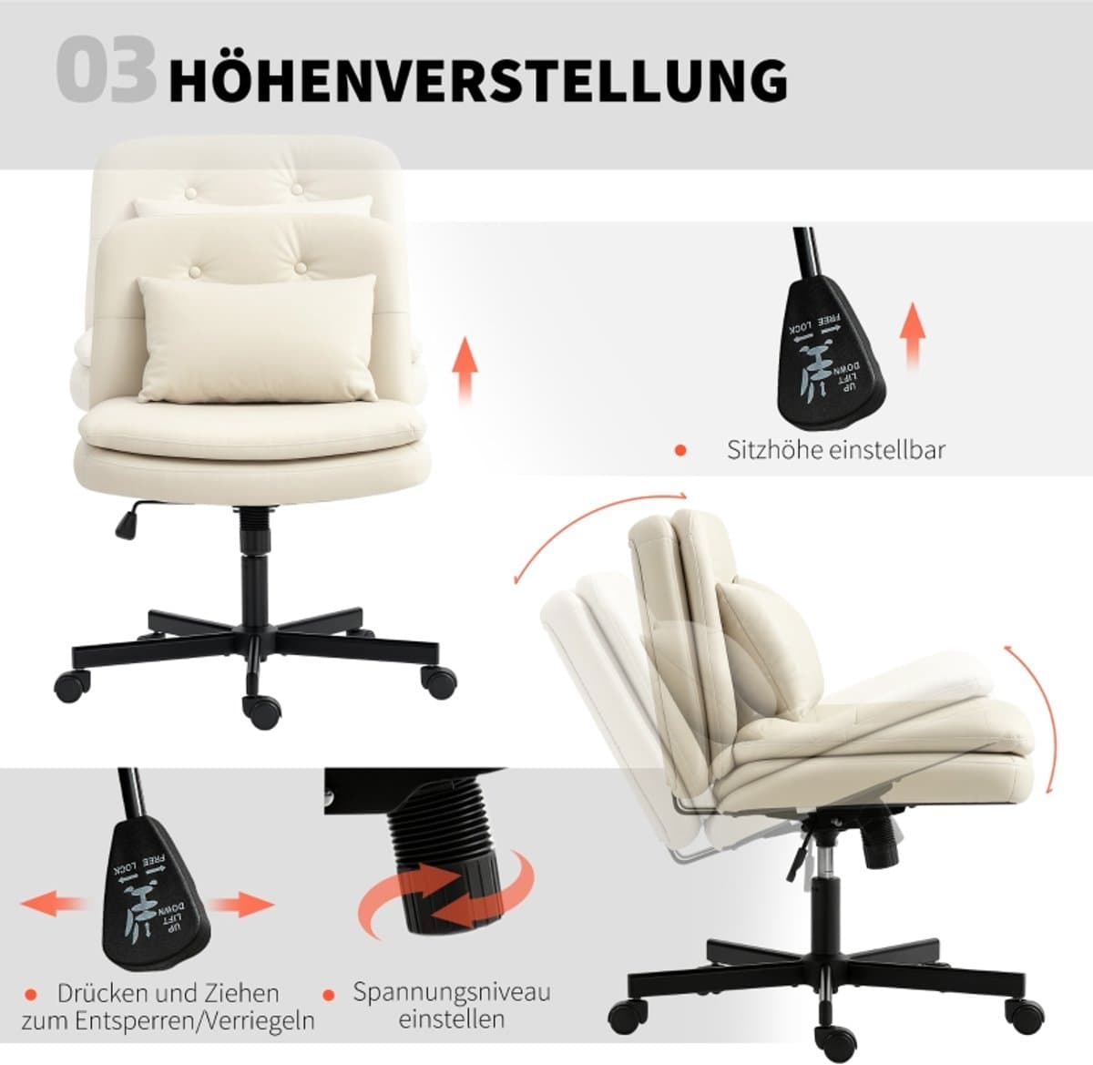 HAUSS SPOLE Bureaustoelen - Bureaustoel Draaibaar Met Knophefting En Extra Kussen - Met Wieltjes Voor Thuiswerk En Kantoor - 67×63×93 cm - Leer - Beige thumbnail 7