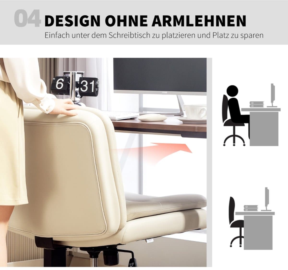 HAUSS SPOLE Bureaustoelen - Bureaustoel Draaibaar Met Knophefting En Extra Kussen - Met Wieltjes Voor Thuiswerk En Kantoor - 67×63×93 cm - Leer - Beige thumbnail 4