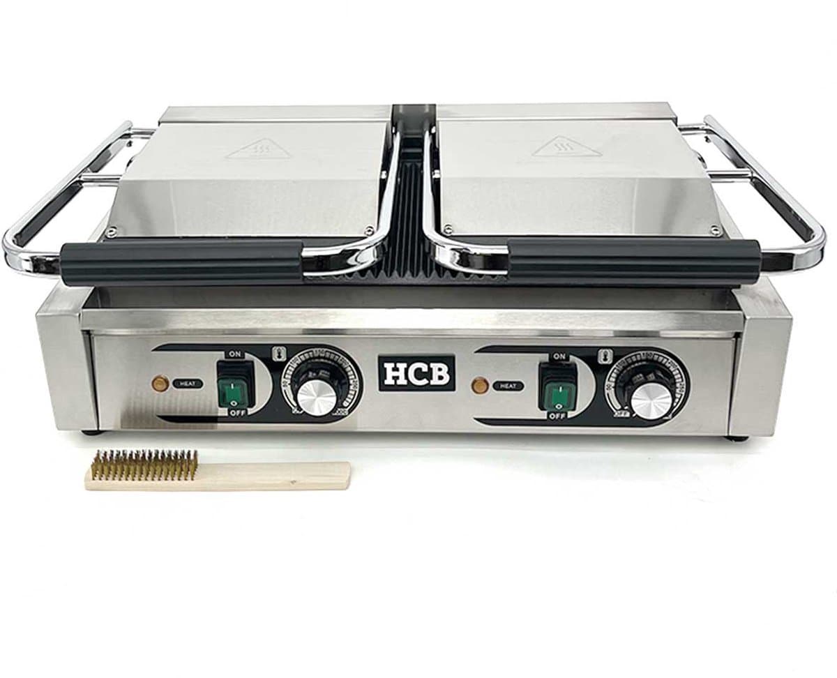 HCB® - Professionele Horeca Paninigrill - dubbel - geribbeld - 2 x 230V - RVS / INOX panini grill - Tosti apparaat - contact grill - 30.5x56.5x20 cm (DxBxH) - 20 kg - 8734