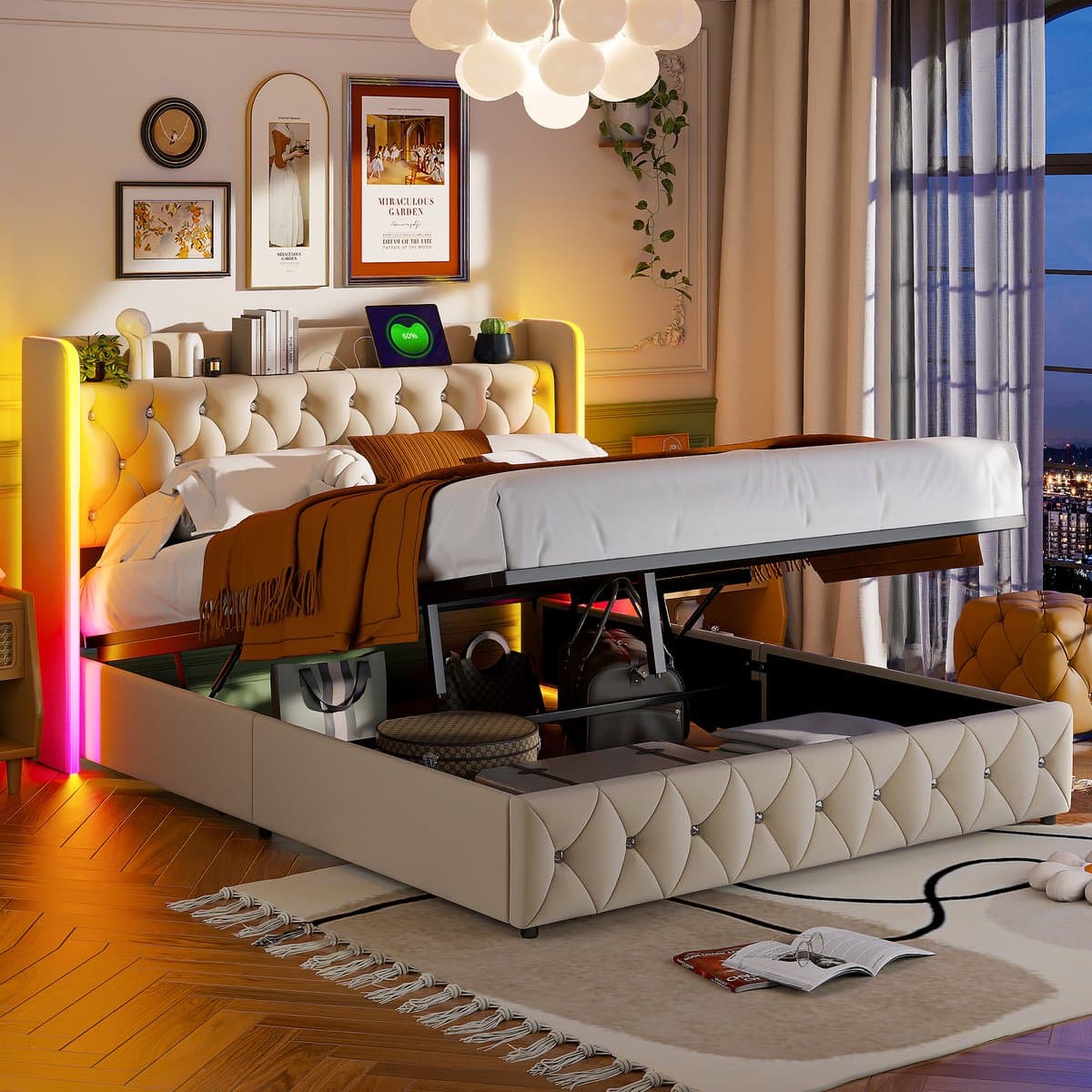 Opbergbed met gaslift 160x200 cm – Tweepersoonsbed – Beige fluweel – Met LED-verlichting, USB & Type-C – Bedframe met opbergruimte thumbnail 6