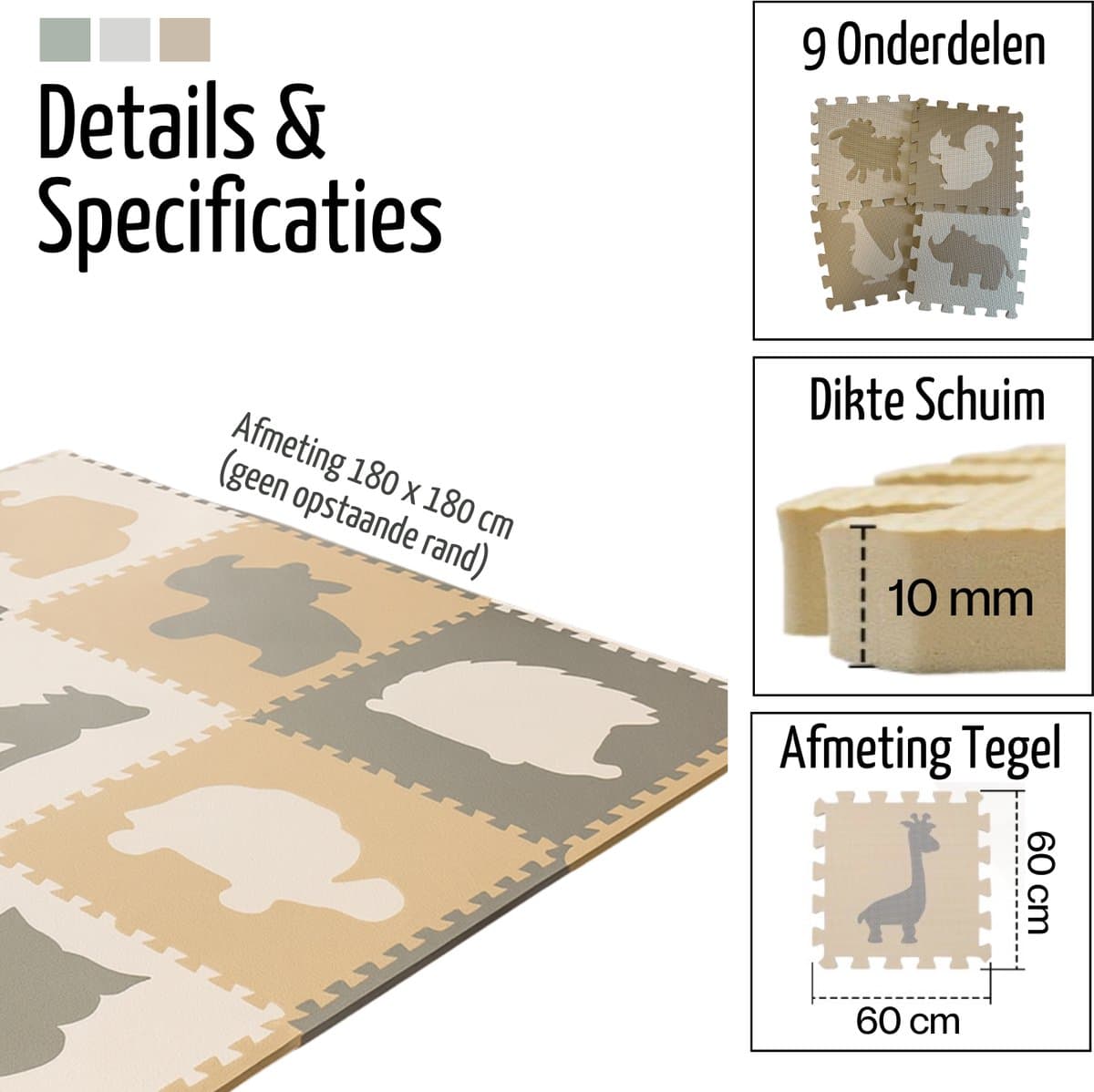 Roosly Speelmat Baby - Speelkleed Baby - babygym - kruipmat - playmat - Foam vloerpuzzel 180 x 180 cm - Inclusief Opbergtas - speelgoed - Veilig & Zacht - Pastel beige & groen thumbnail 2