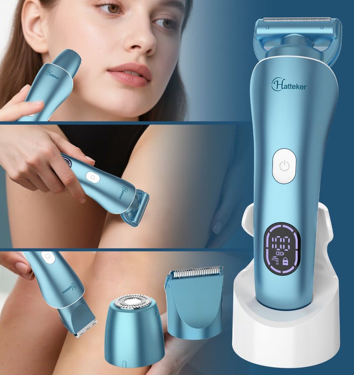 Hatteker 3-in-1 Ladyshave voor Vrouwen – Dames Scheerapparaat – Epileerapparaat – Trimmer voor Benen, Bikinilijn en Oksels – Epilator – Waterdicht IPX7 – Blau thumbnail 8