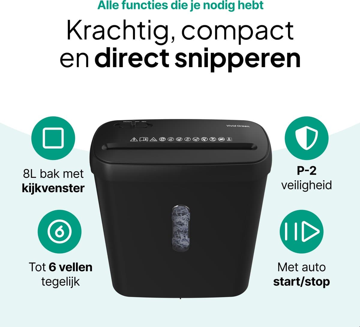 Papierversnipperaar Voor Thuis - Compacte Papiervernietiger 8 Liter - Vernietigt 6 Vel - Stroken P2 - Zwart - Vivid Green thumbnail 3