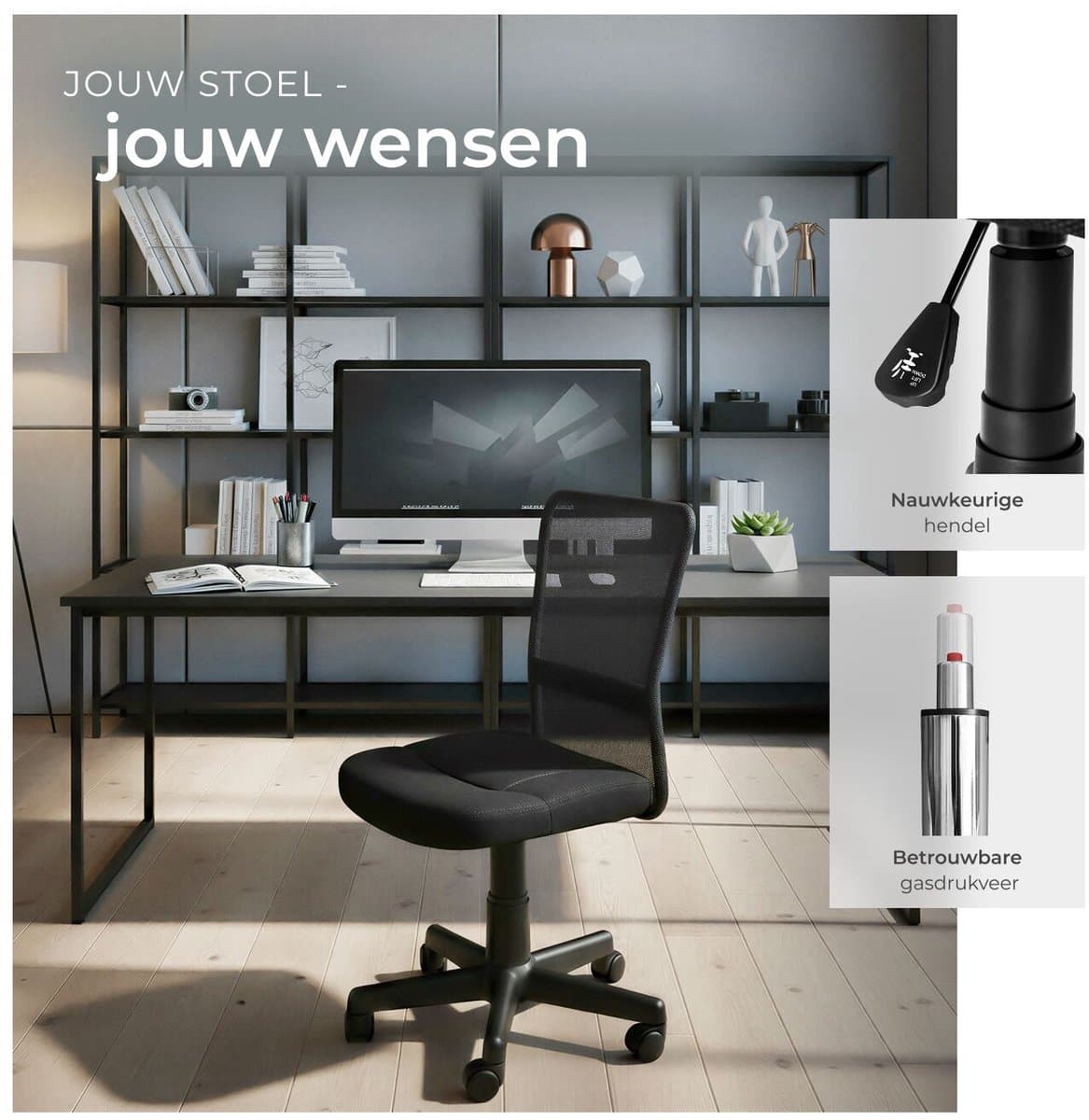 tectake® Ergonomische Bureaustoel - Draaistoel met Wielen, Gamingstoel, Comfortabel Meubilair voor Studeer- en Kinderkamer, PC- en Computerbureau - Zwart thumbnail 3
