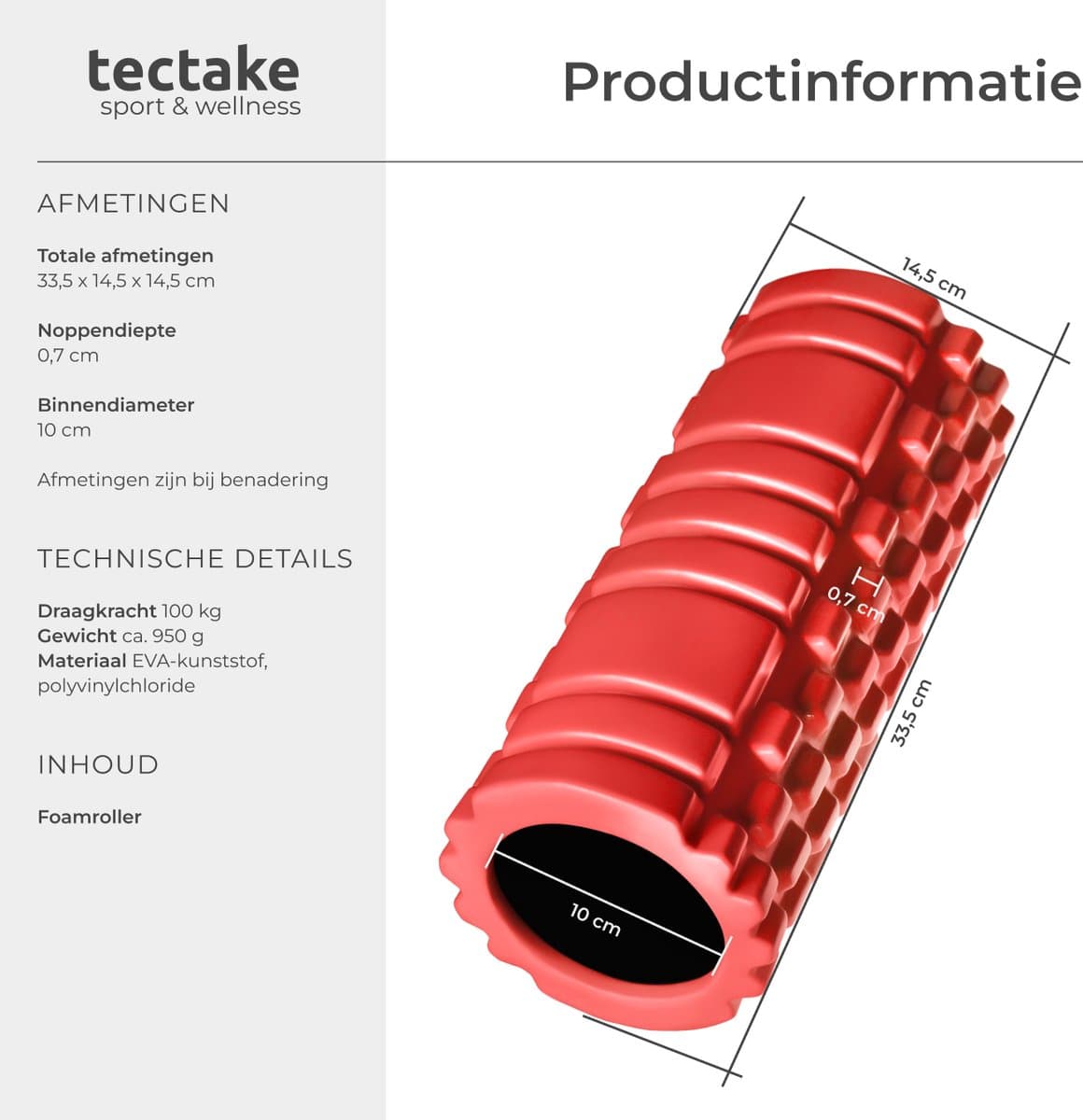 tectake® Foam Roller - Yoga & Fitness Massage Roller - Fascia Roller - 33,5 x ⌀14.5 cm - Massageroller - Zelfmassage en behandeling van bindweefsel - Triggerpoint Foamroller - Rood thumbnail 5