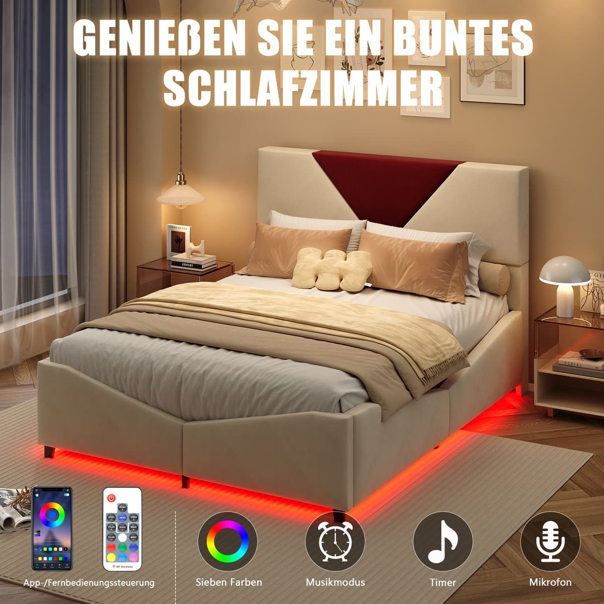 Velours tweepersoonsbed 160x200 cm met geïntegreerde LED-vloerverlichting en gasveermechanisme voor opbergruimte, modern slaapkamerdesign met zacht comfort, beige thumbnail 7