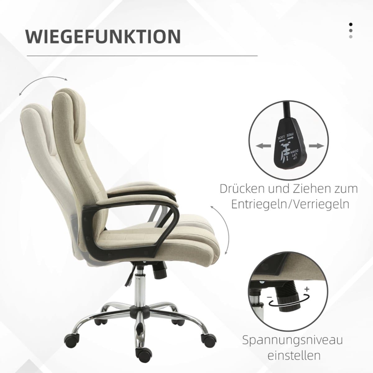 HAUSS SPOLE Bureaustoel 62 X 76 X 110 119 Cm - In Hoogte Verstelbaar Met Wipfunctie - 360 Graden Wielen - Voor Thuiswerk En Kantoor - Polyester Beige thumbnail 3