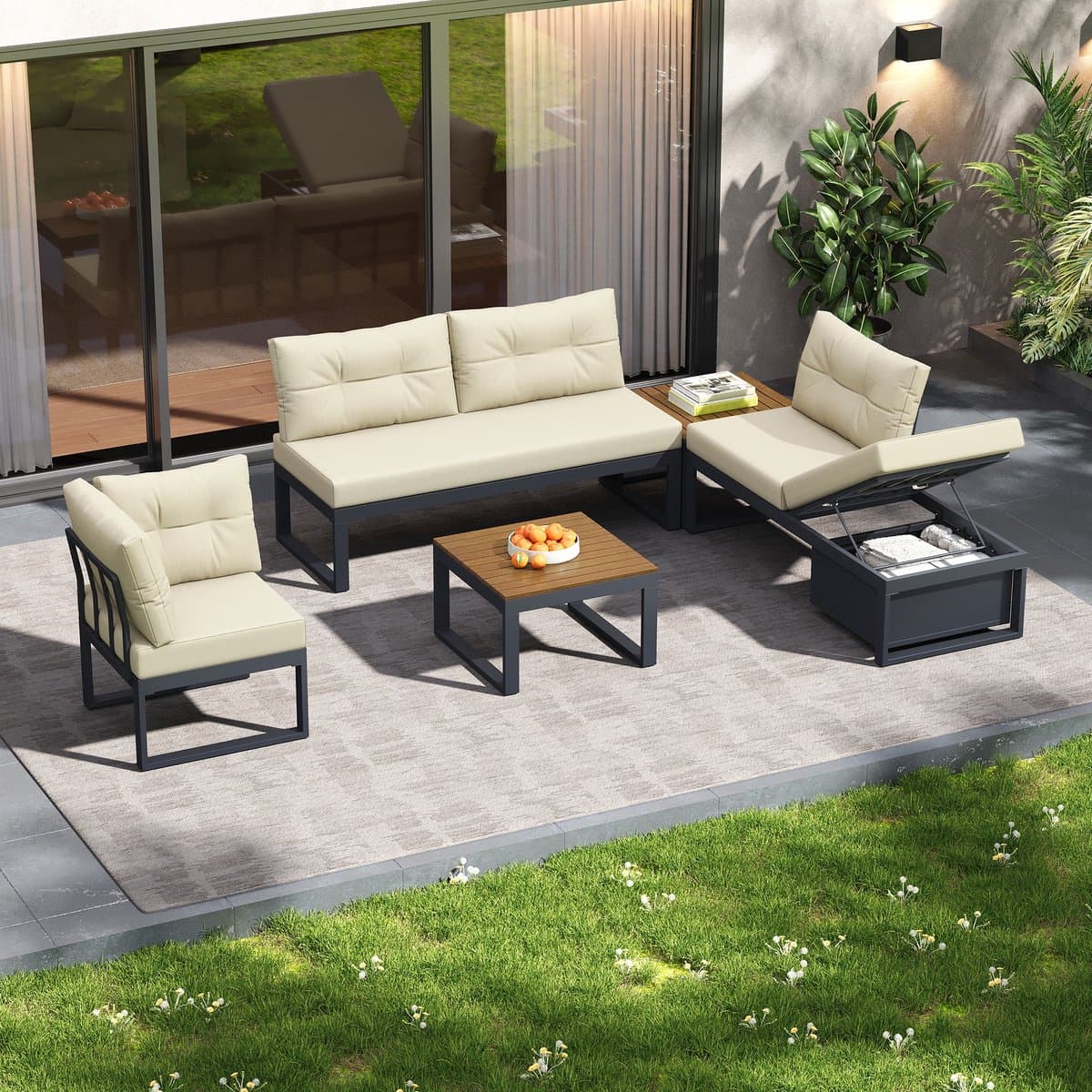 Sweiko Tuin loungeset - Hoekbank + salontafel - Verstelbare rugleuning - Met kussens - Opbergruimte - Beige thumbnail 6