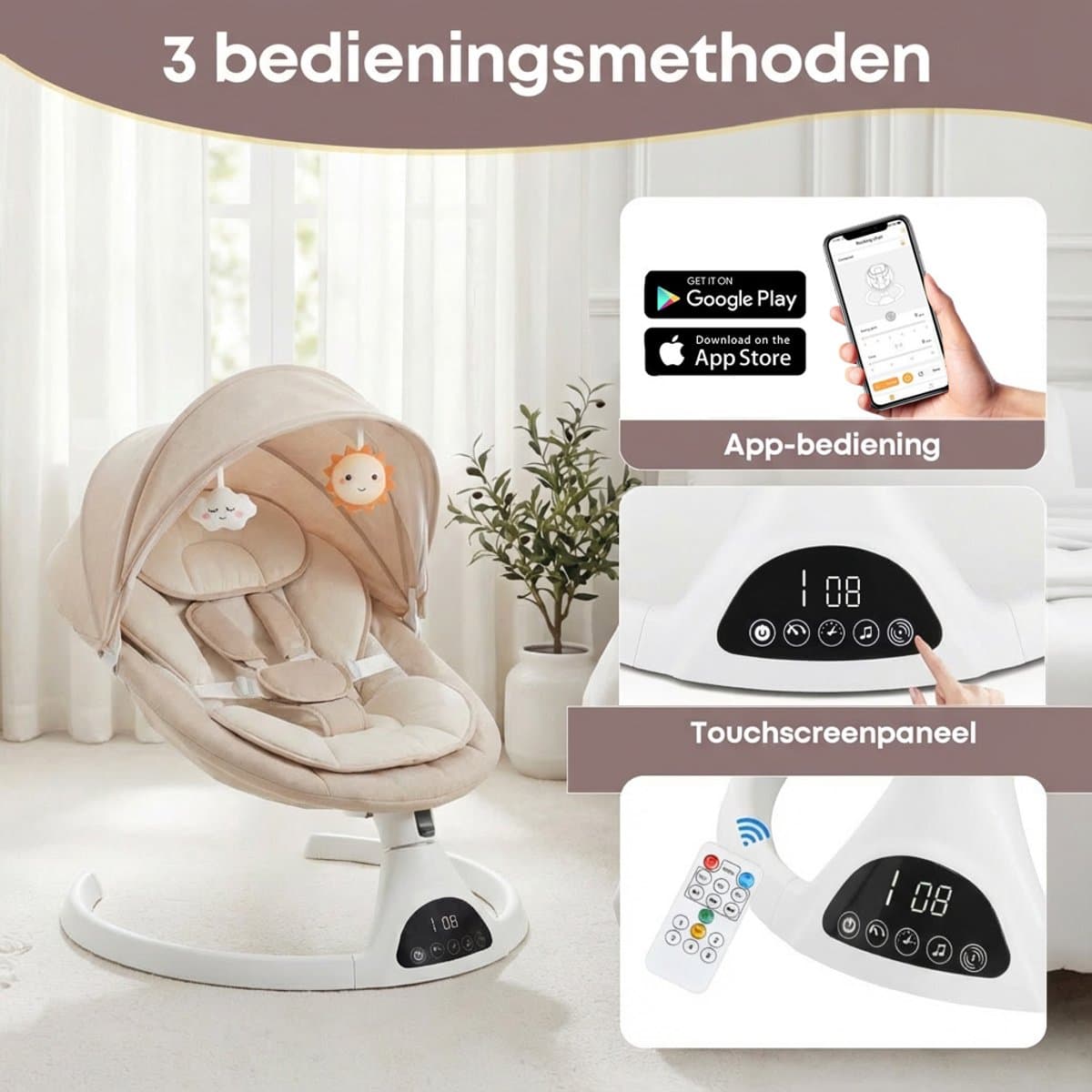 3Babies® Baby Swing – Elektrisch Wipstoel – Babyschommel – Elektrische Schommelstoel baby – Verstelbaar – Wasbare Bekleding – Afstandsbediening en App – Beige thumbnail 6