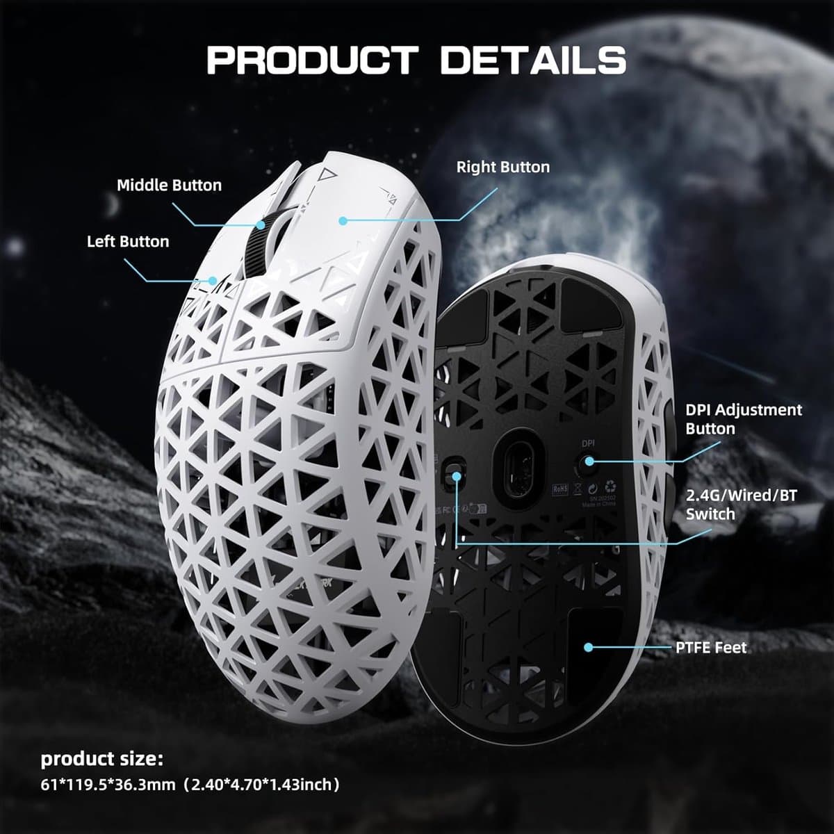 ATTACK SHARK R5 Ultra - Gamingmuis - Koolstofvezel Behuizing - 39g Ultralicht - HyperSpeed Draadloos - 2.4G / Bluetooth / USB-C Bedraad - PAW3950MAX Sensor - 8000Hz Pollingsnelheid - 42.000 DPI - Windows & Mac - Wit thumbnail 3