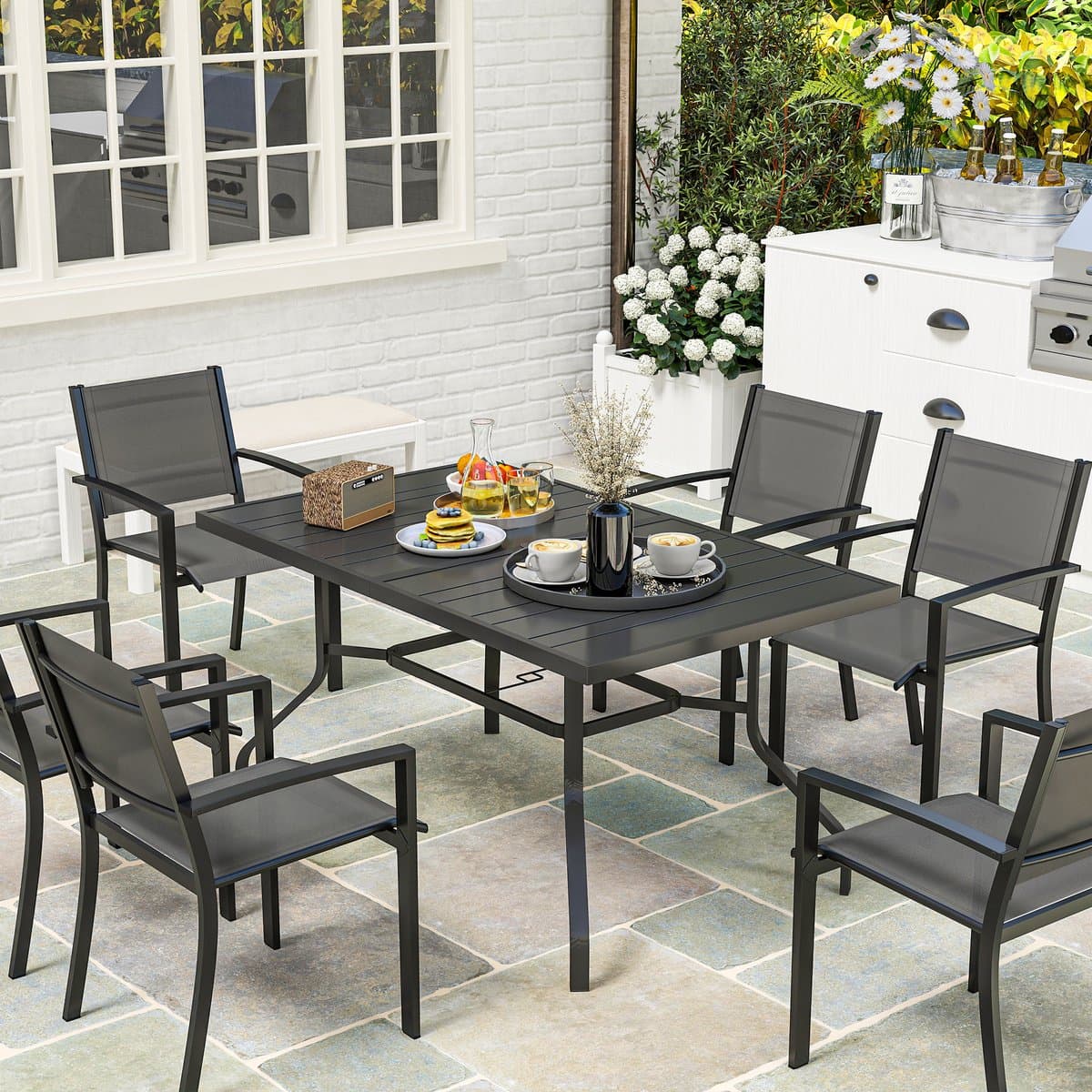 Outsunny tuintafel - met parasolgat - 152L x 90B x 74H cm - zwart thumbnail 7