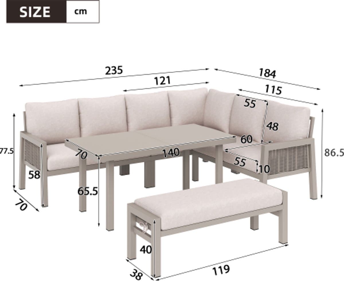 Tuinset 8 Personen met Hoekbank en Eettafel - Loungeset Tuin met Bank, Glazen Tafelblad en Gevlochten Touwdetails - Weerbestendige Tuinmeubelen - Khaki thumbnail 6