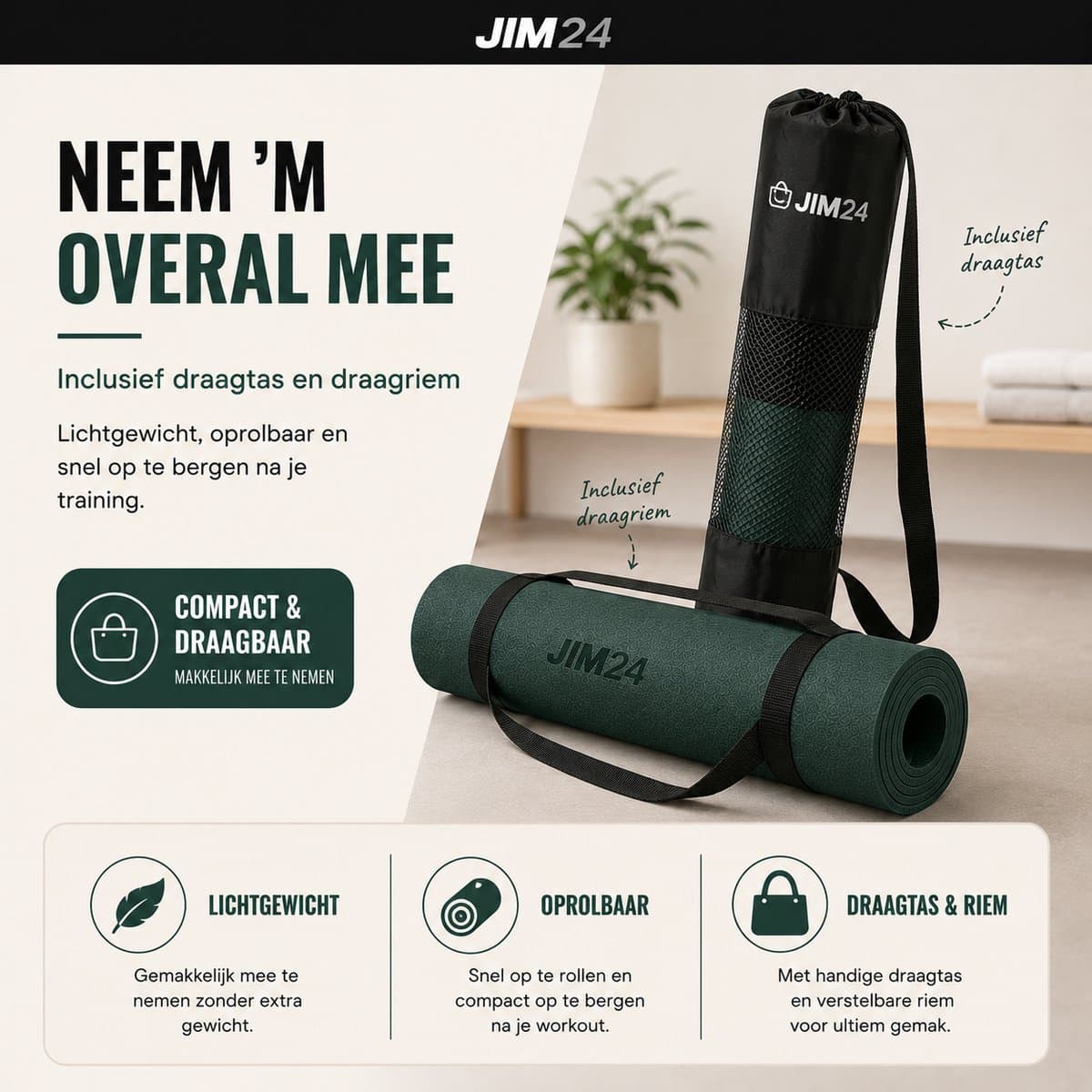Jim24 Yogamat - Yoga Mat Antislip - Fitness Mat - Sportmat - Pilates Mat - Slijtvast - Extra Dikke Gym Mat - Duurzaam TPE - Incl. Draagtas en Riem - Olijfgroen thumbnail 7
