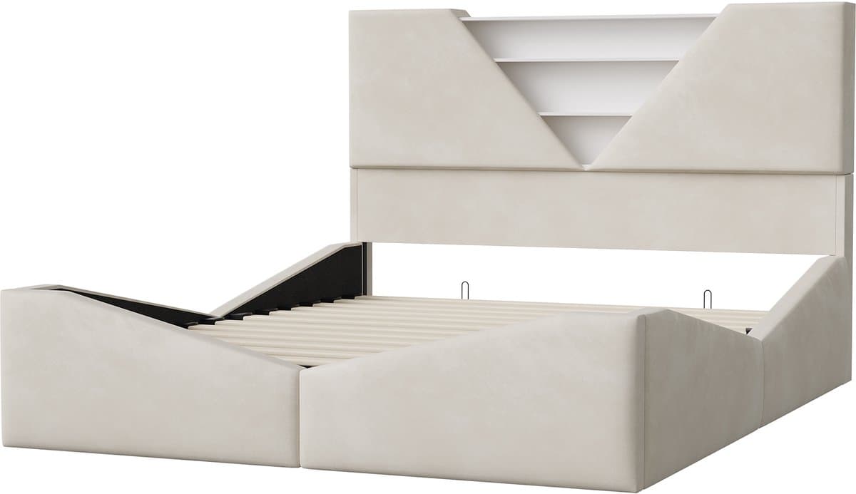 Gestoffeerd Bedframe 160x200 cm met Opbergruimte en LED - Fluweel Crèmekleurig incl. Lattenbodem thumbnail 3