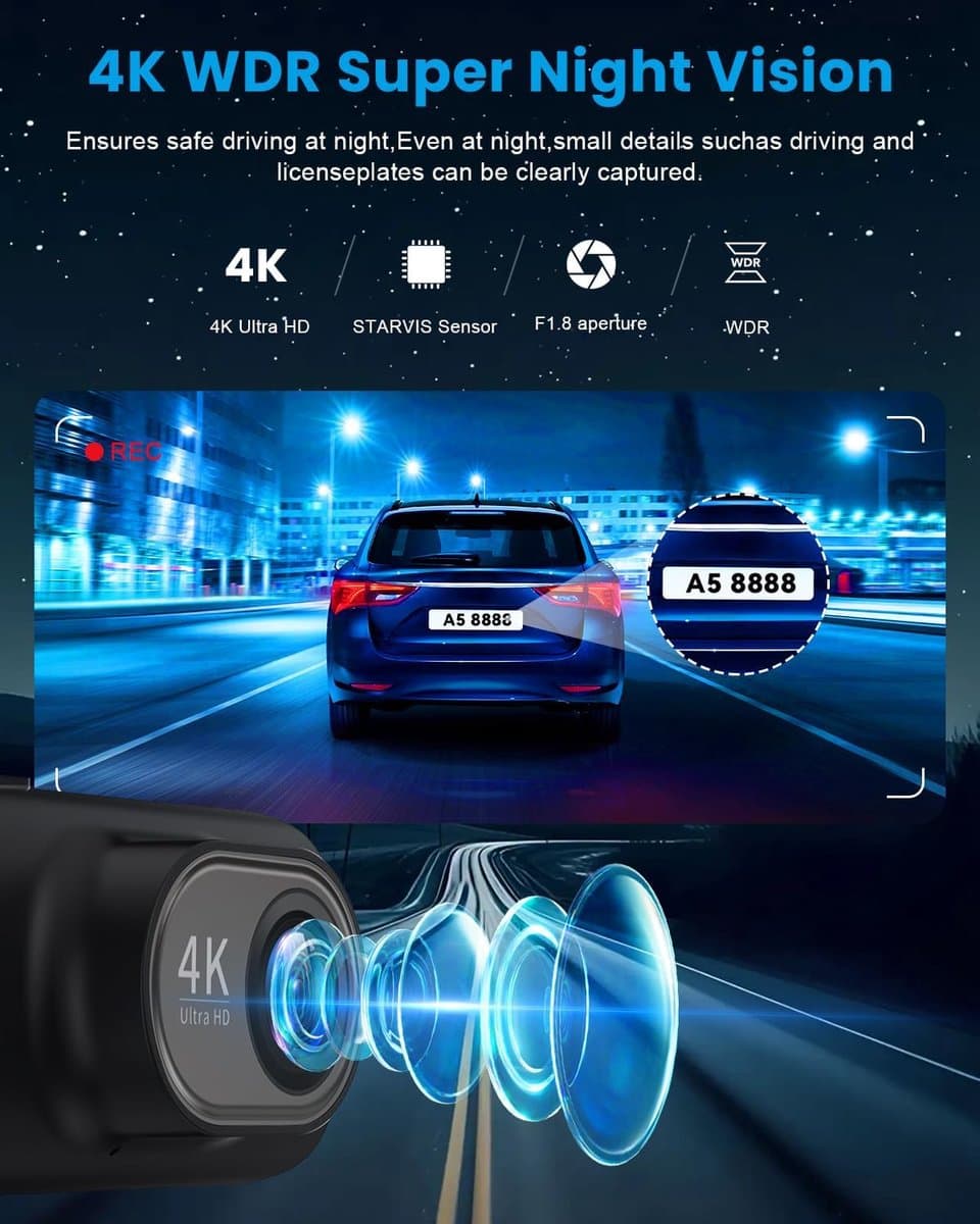 Dashcam - Dashcam voor auto - Dashcam 4K Voorzijde - Ultra HD - Mini Autocamera - APP Bediening - Ingebouwde Wi-Fi & G-sensor - 24-uurs Parkeermodus, Nachtzicht, WDR, Loopopname, Ondersteuning voor maximaal 256 GB thumbnail 2