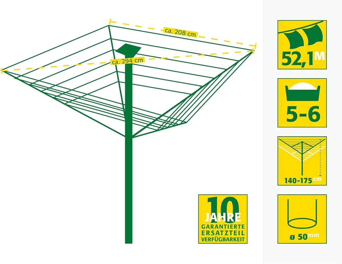 Droogmolen Comfort Plus - Waslijn molen - Kleding Drogen - Inclusief grondboor - 52 meter lijn - Zilverkleurig thumbnail 2