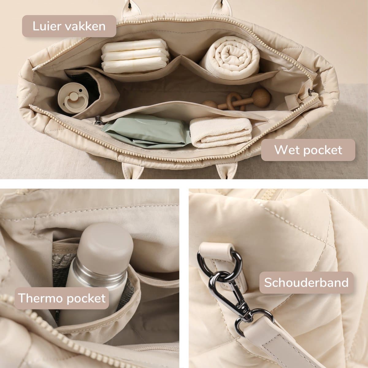 Mommsy Luiertas – Verzorgingstas – Thermo Vak – Gewatteerde Puffer Stof – Extra Ruim – Waterafstotend – Organizer – Lichtgewicht – Beige thumbnail 6