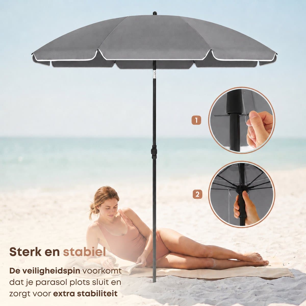 ACAZA Parasol - Strandparasol - Grijs - 200 cm diameter - inclusief Draagtas - Rond - Tuinparasol - Kantelbaar - Waterdicht - Terras Parasol voor Appartement - Parasol Strand - Tot 3 Personen thumbnail 6