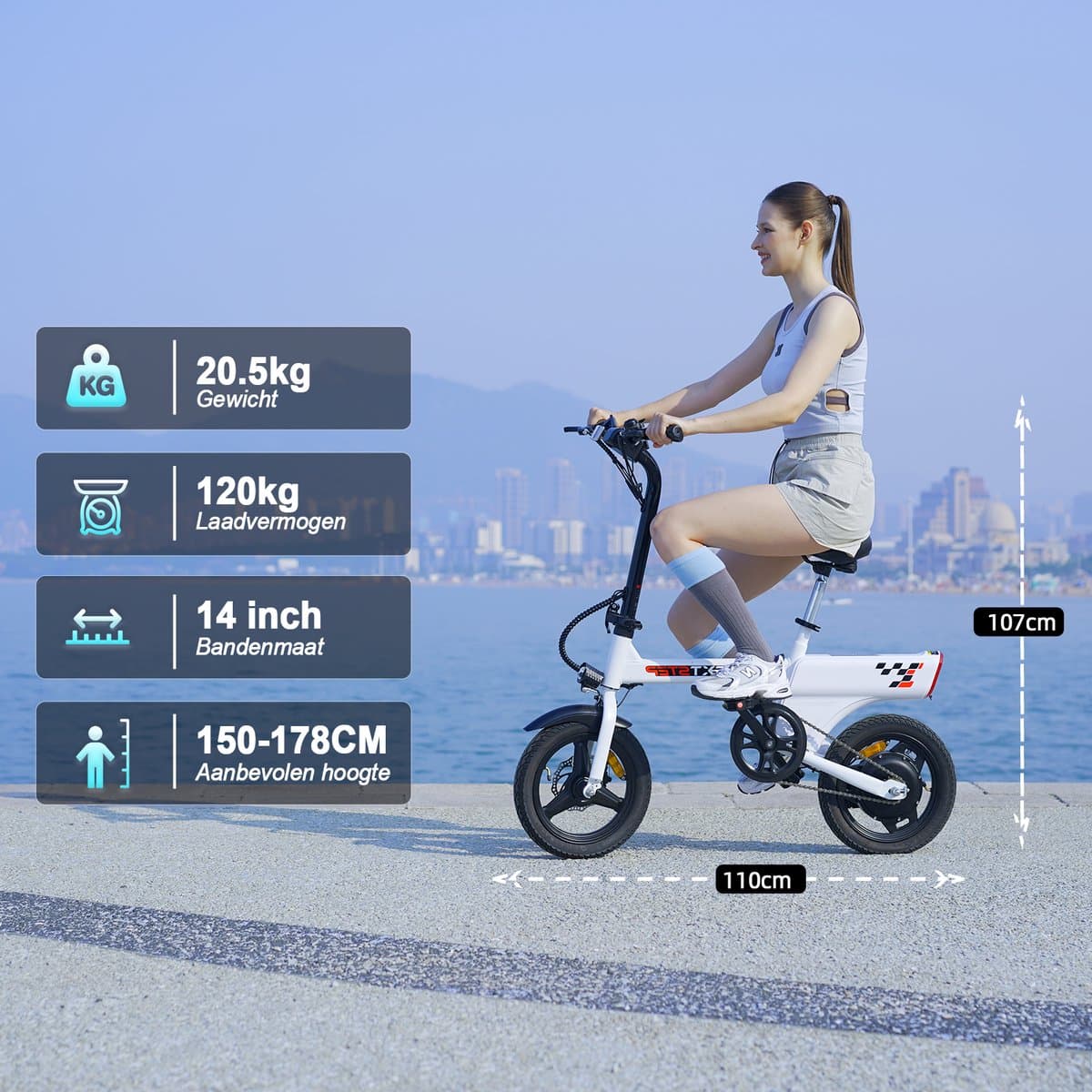YEE GOO Elektrische Fiets - 250 W Motor - 36V 7,8Ah Batterij - 30-45 km Actieradius - 14 Inch Banden - Schijfremmen voor en achter - LED-verlichting en LCD-display - Draagbare e-bike voor woon-werkverkeer in de stad - Wit. thumbnail 5