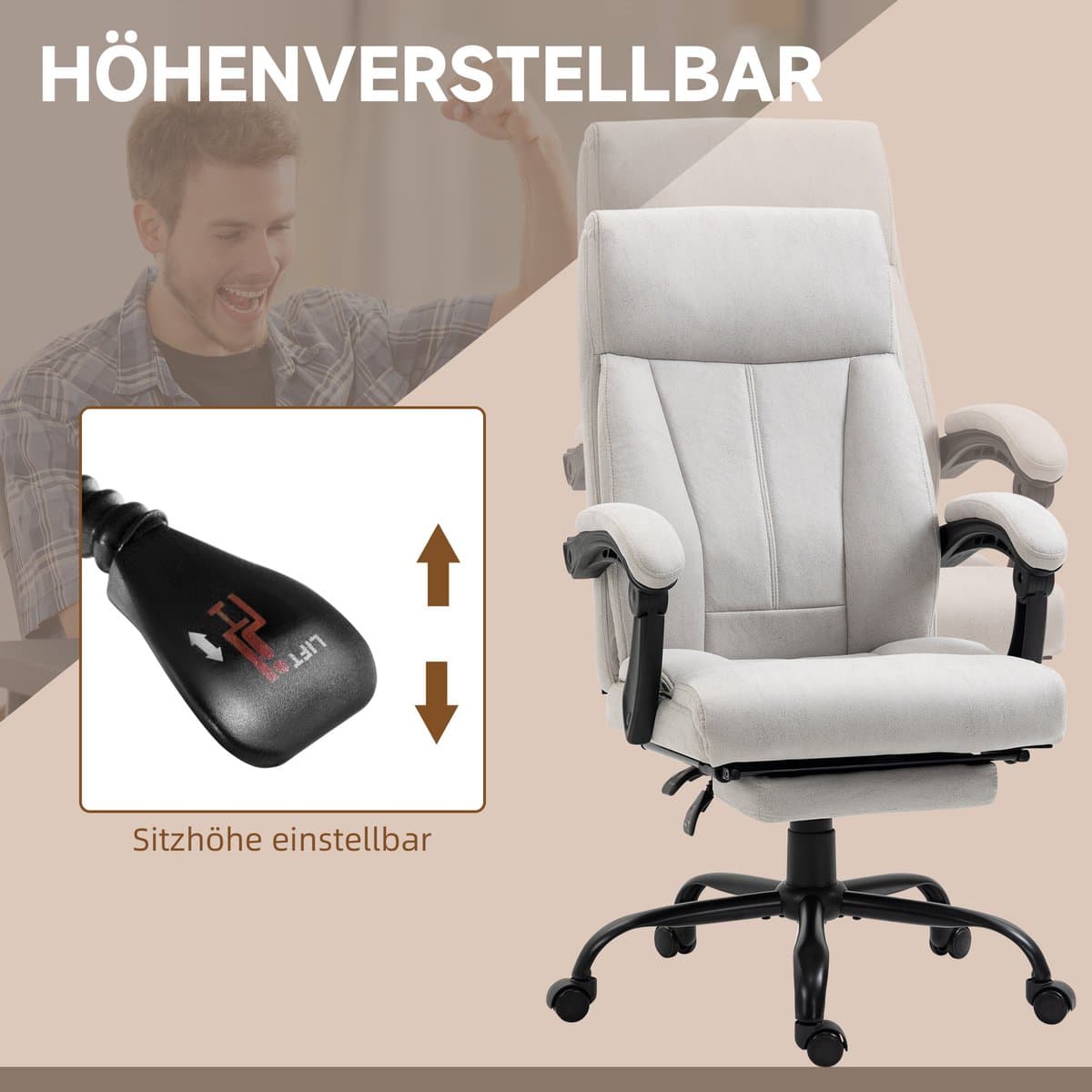 MIVRAY Bureaustoel Met Massagefunctie En Lendenverwarming - Ergonomische Relaxstoel Voor Bureau En Thuiswerk - Lichtgrijs - Polyester thumbnail 5