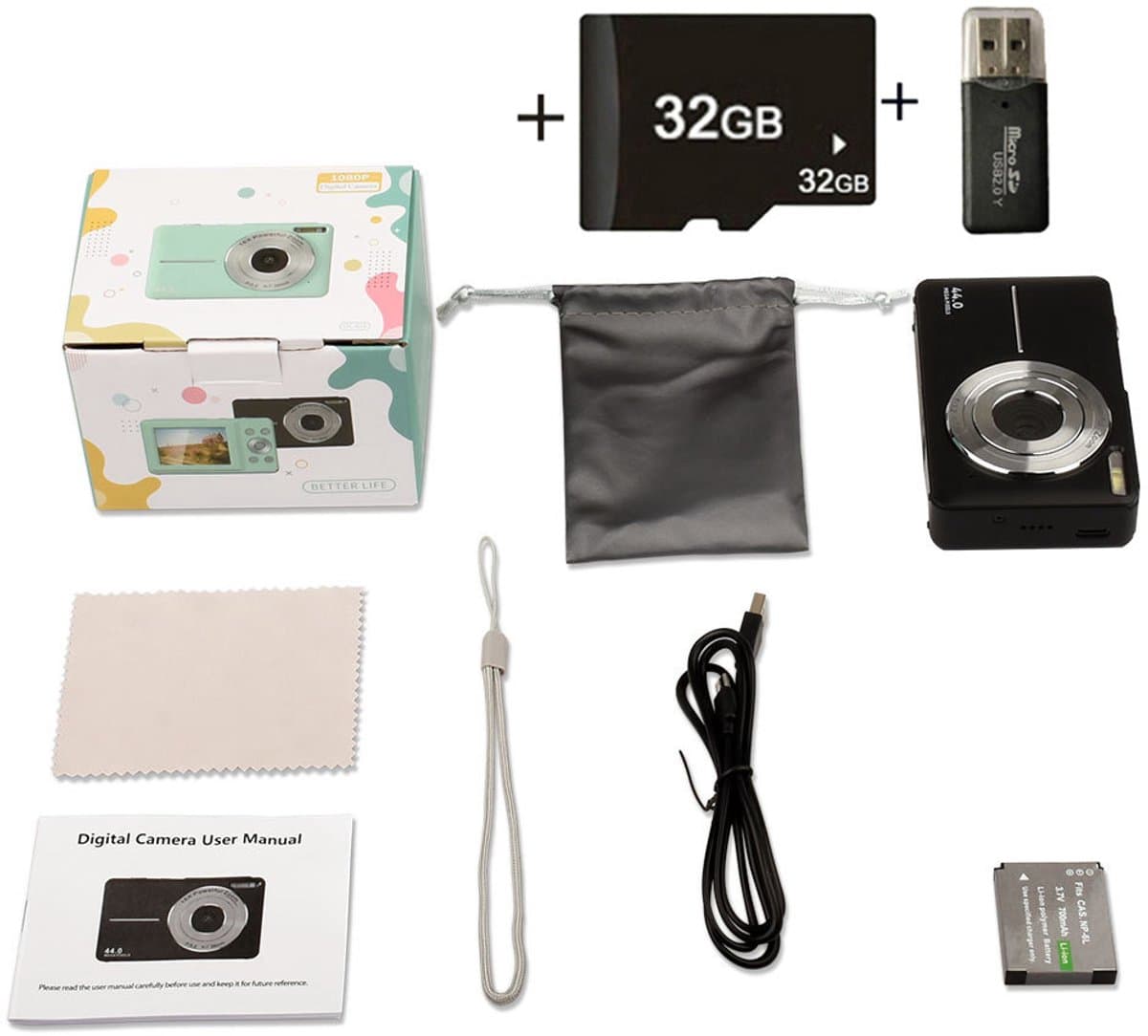 Digitale camera 1080p 44MP fototoestel met 16X digitale zoom, vlogging apparaat compact met 2,4 inch lcd-scherm, 32G micro-geheugenkaart, 1 accu voor kinderen, tieners, studenten thumbnail 2