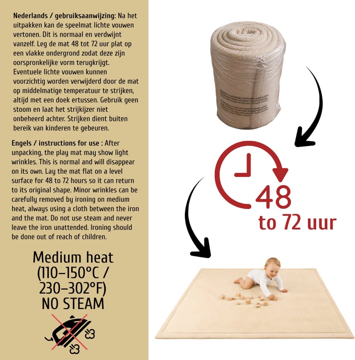 Roosly Speelmat Baby - Fluwelen Speelkleed baby - speeltapijt - kruipmat - playmat - Extra Dik Traagschuim 3 cm - Antislip - Zacht & Veilig - 150 x 200 cm - Sand Beige thumbnail 6
