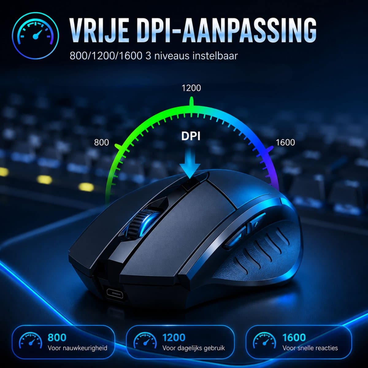 Garpex® Draadloze Computermuis – Ergonomische Draadloze Muis met Bluetooth & USB Ontvanger – Oplaadbare Wireless Mouse – 3 Apparaten Tegelijk – Stil Klikken – 7 Knoppen – 800/1200/1600 DPI – Zwart thumbnail 3