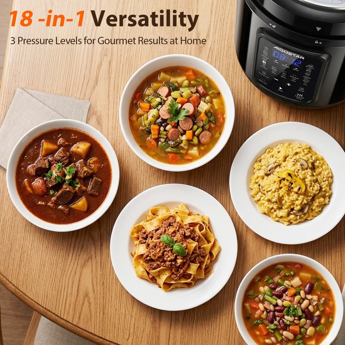Aigostar Derrick Black - Pressure Multicooker - 6 Liter - Snelkookpan - Slow Cooker - Rijstkoker - Stomer - Zwart thumbnail 5