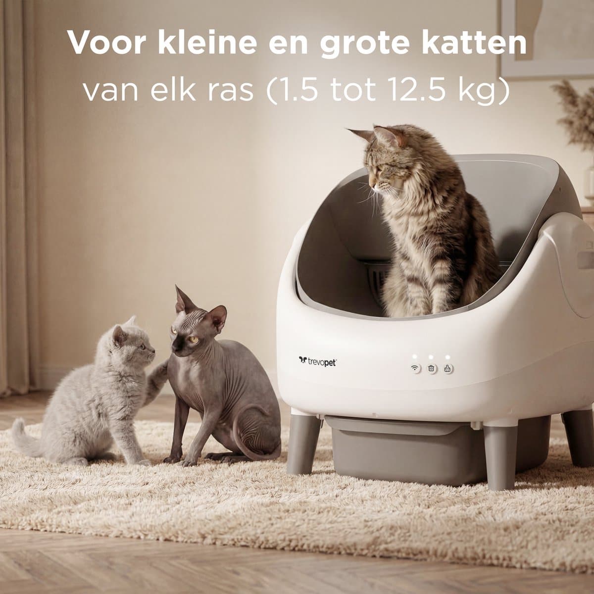TrevoPet® Air - Automatische Kattenbak met App - Zelfreinigend & Veilig - Voor Katten tot 12KG - Incl. Mat, 60 Afvalzakjes & Accessoires - 10L Afvalbak - Wit & Grijs thumbnail 4