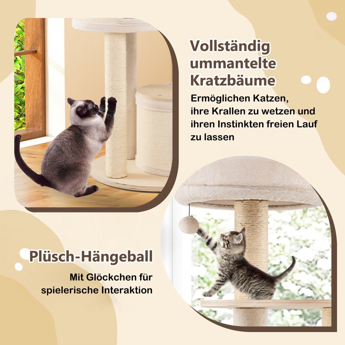 COSTWAY Krabpaal groot, kattenboom met 2 kattenholletjes, mand, sisal-krabpalen, speelbal & platform, kattenkrabpaal katten, kattenmeubel, klimboom, activiteitsboom, hout, natuur, 152 cm hoog thumbnail 6