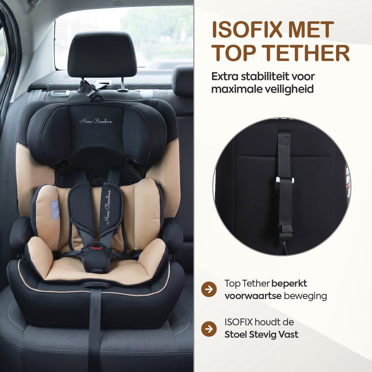 Mino Bambino i-Size Autostoel – Isofix - Groep 1/2/3 9-36 kg (76 tot 150 cm) - 15 maanden tot 12 jaar – Taupe thumbnail 3
