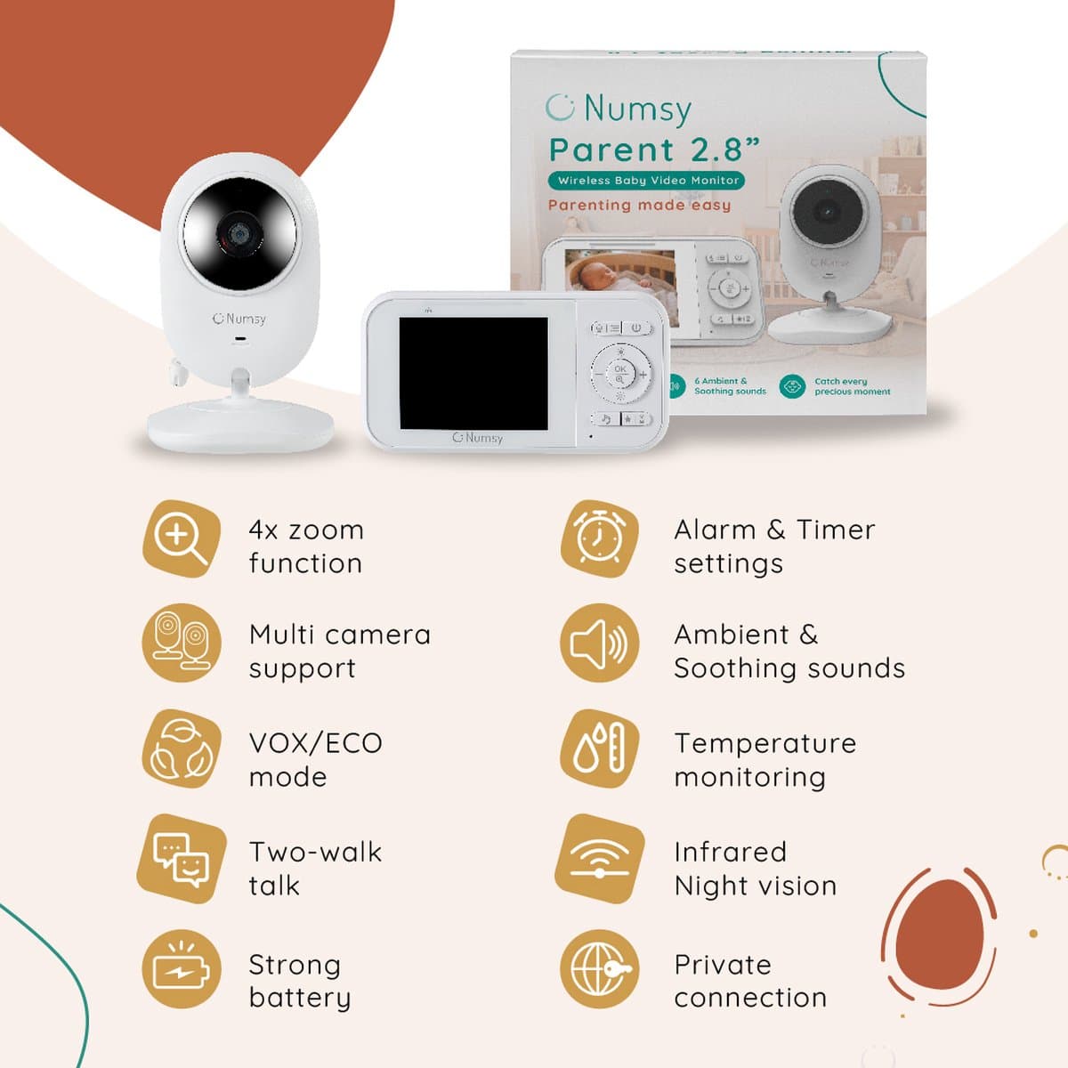 Numsy Babyfoon met Camera - Baby Monitor met VOX - Nachtzicht - Babyphone met Temperatuurweergave - Baby Monitor Uitbreidbaar tot 4 camera's thumbnail 6