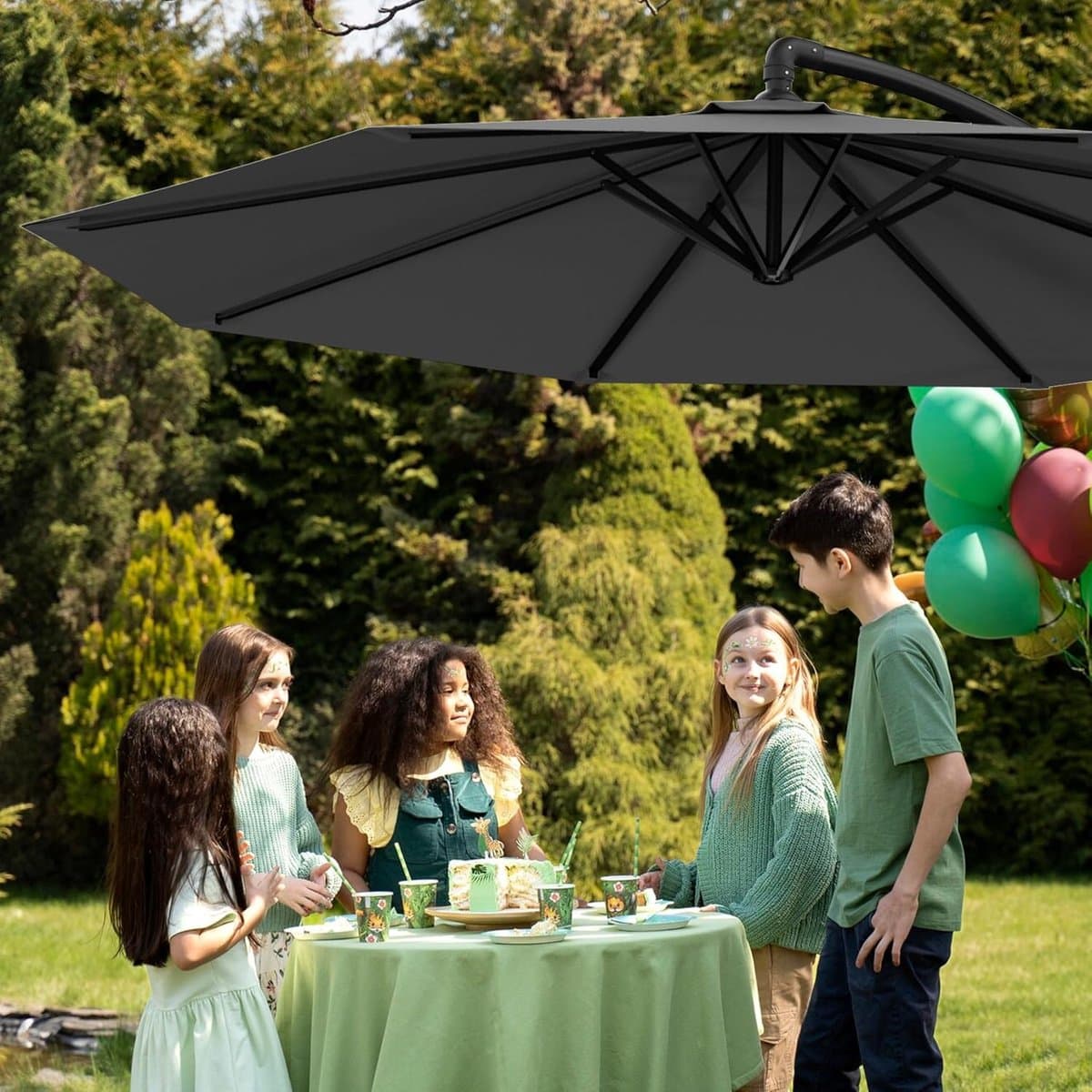 Zweefparasol 300 cm met Zwengel & Kruisvoet – UV-Bescherming – Vrijhangende Tuinparasol voor Terras, Balkon & Tuin – Donker grijs thumbnail 7