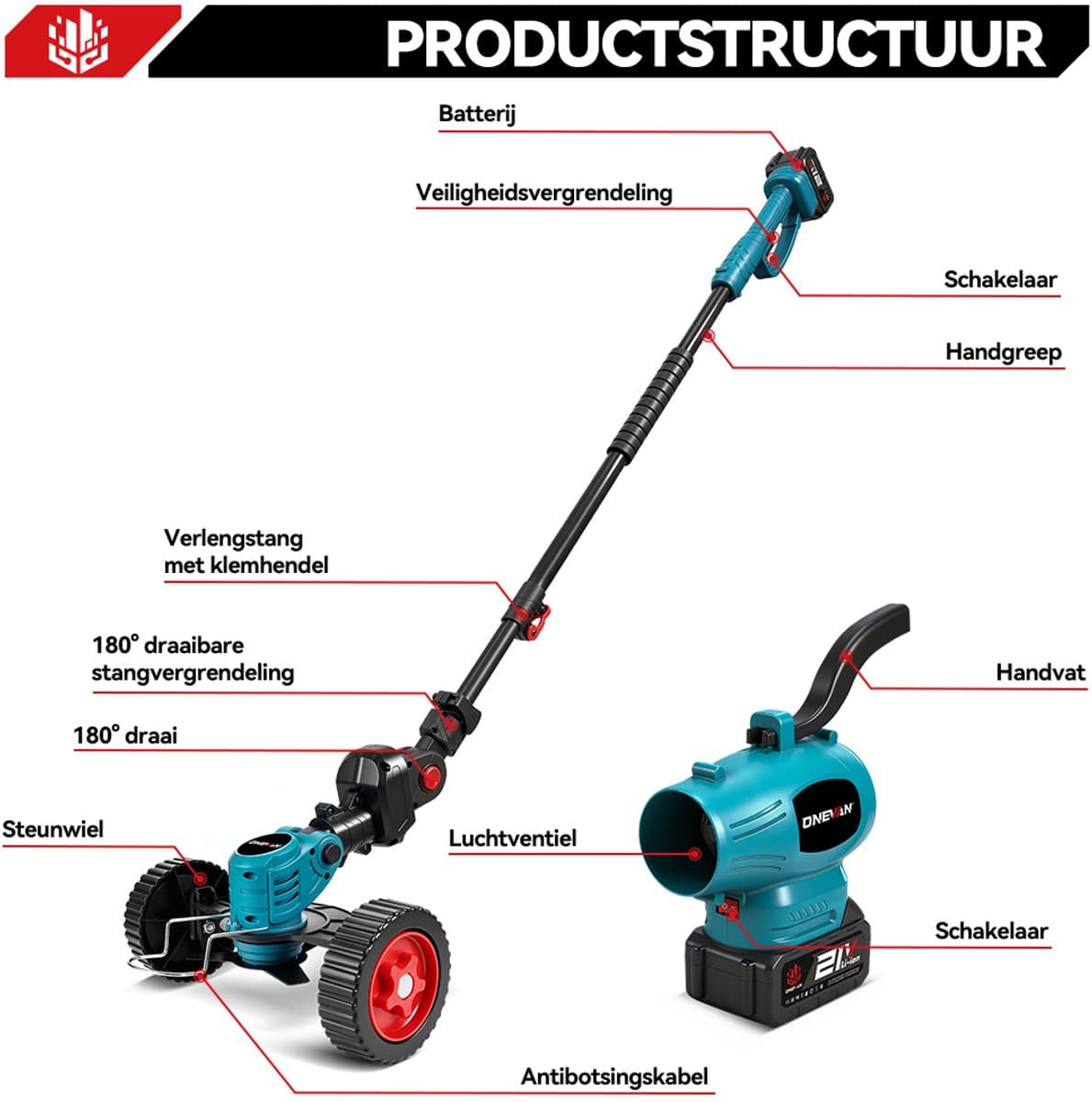 ONEVAN Elektrische Bosmaaier - 3-in-1 Accu Grastrimmer - 200 m/s Bladblazer - Met 2x Accu's - Lichtgewicht - Voor terras, gazon, bladeren en stof thumbnail 3