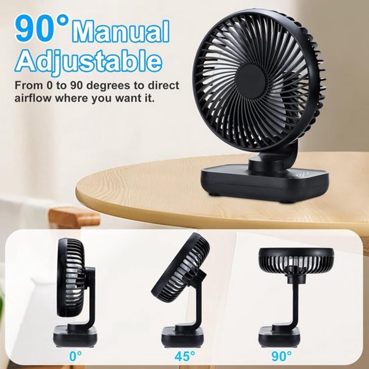 Solvix tafel ventilator geluidloos - USB Bureauventilator - Zwart - 4 Instellingen - Oplaadbare 4000mAh Batterij - Voor Thuis en Buitenshuis thumbnail 5